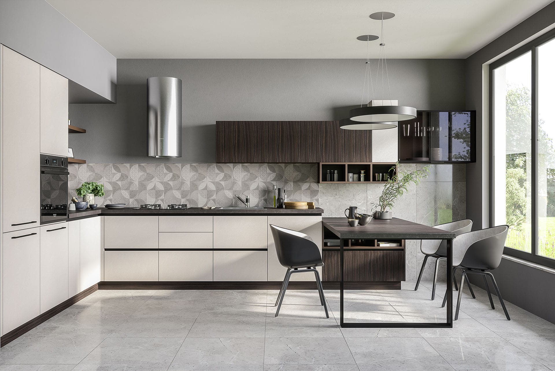 кухня без ручек с барной стойкой